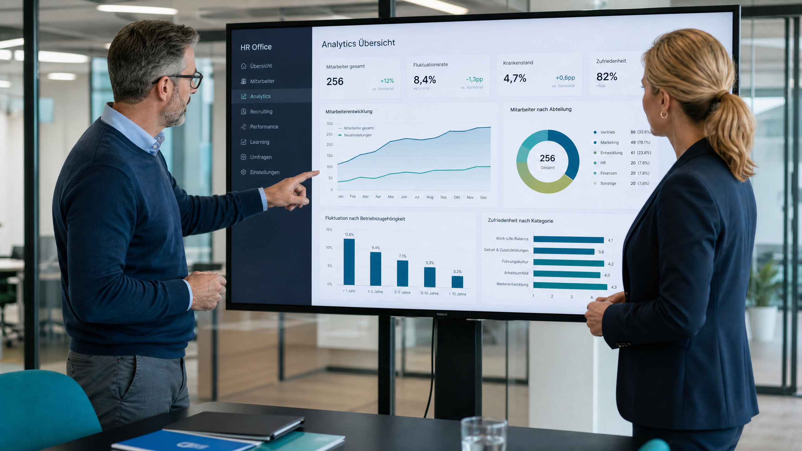 HR-Beratung: Zwei Fachleute analysieren gemeinsam digitale HR-Daten auf einem modernen Bildschirm